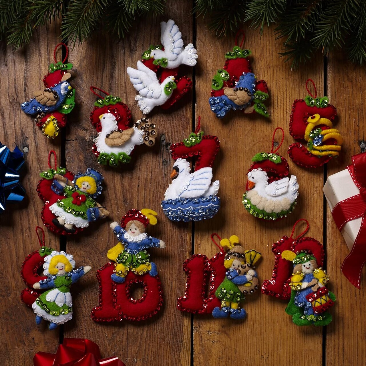 Felt Applique 12 Piece Ornament Making Kit, Twelve Days of Christmas, Perfect for DIY Arts and Crafts